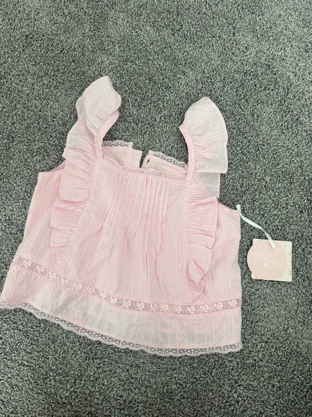 LoveShackFancy Girls' Pale Pink Ruffle Lace Trim Tank
